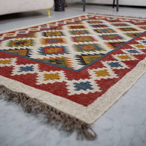 Geometric Kilim - Inspired Jute Wool Rug - Handcrafted Flatweave with Bold Tribal Pattern - Gahlot International