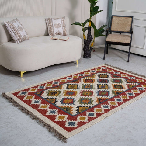 Geometric Kilim - Inspired Jute Wool Rug - Handcrafted Flatweave with Bold Tribal Pattern - Gahlot International