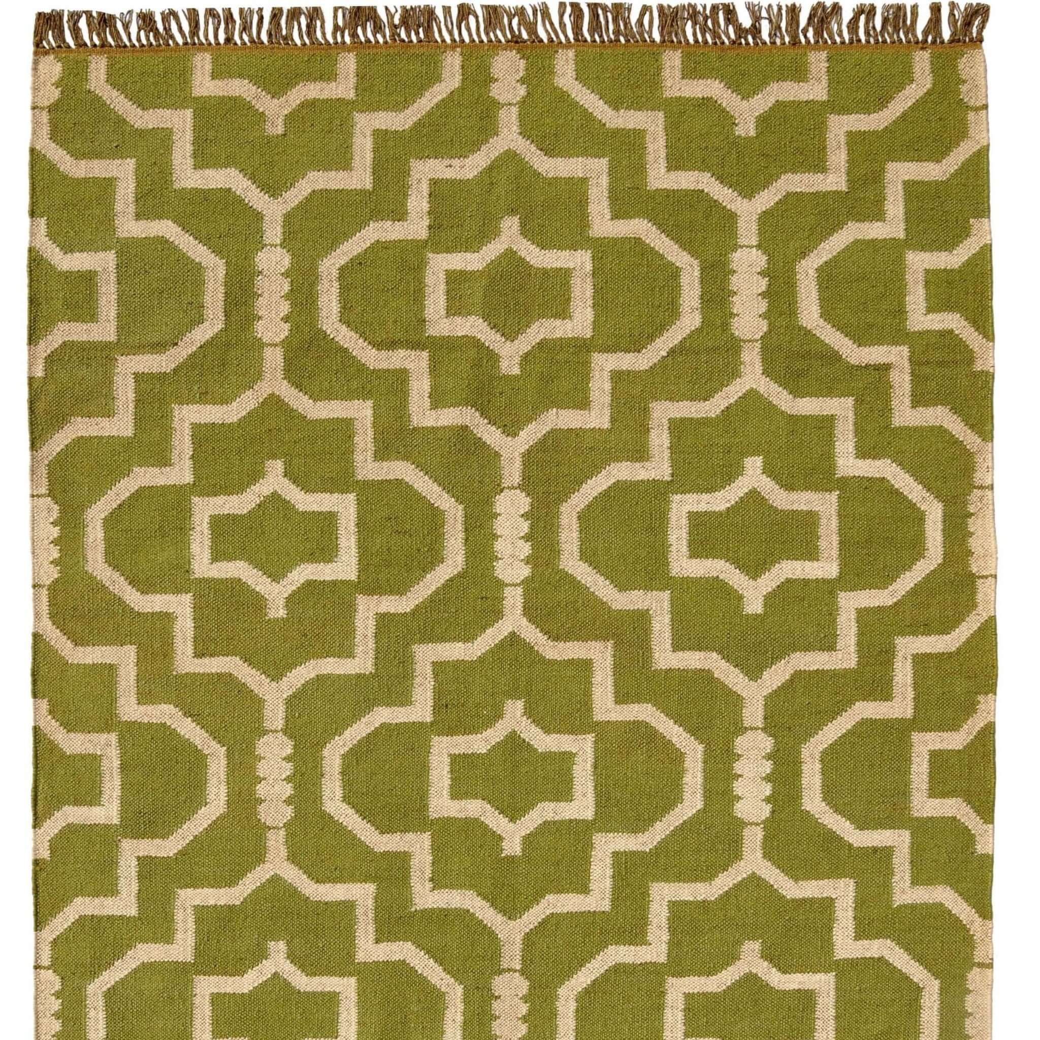 Geometric Olive Green Handwoven Boho Rug - WoolJute - Gahlot International