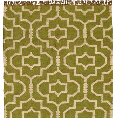 Geometric Olive Green Handwoven Boho Rug - WoolJute - Gahlot International