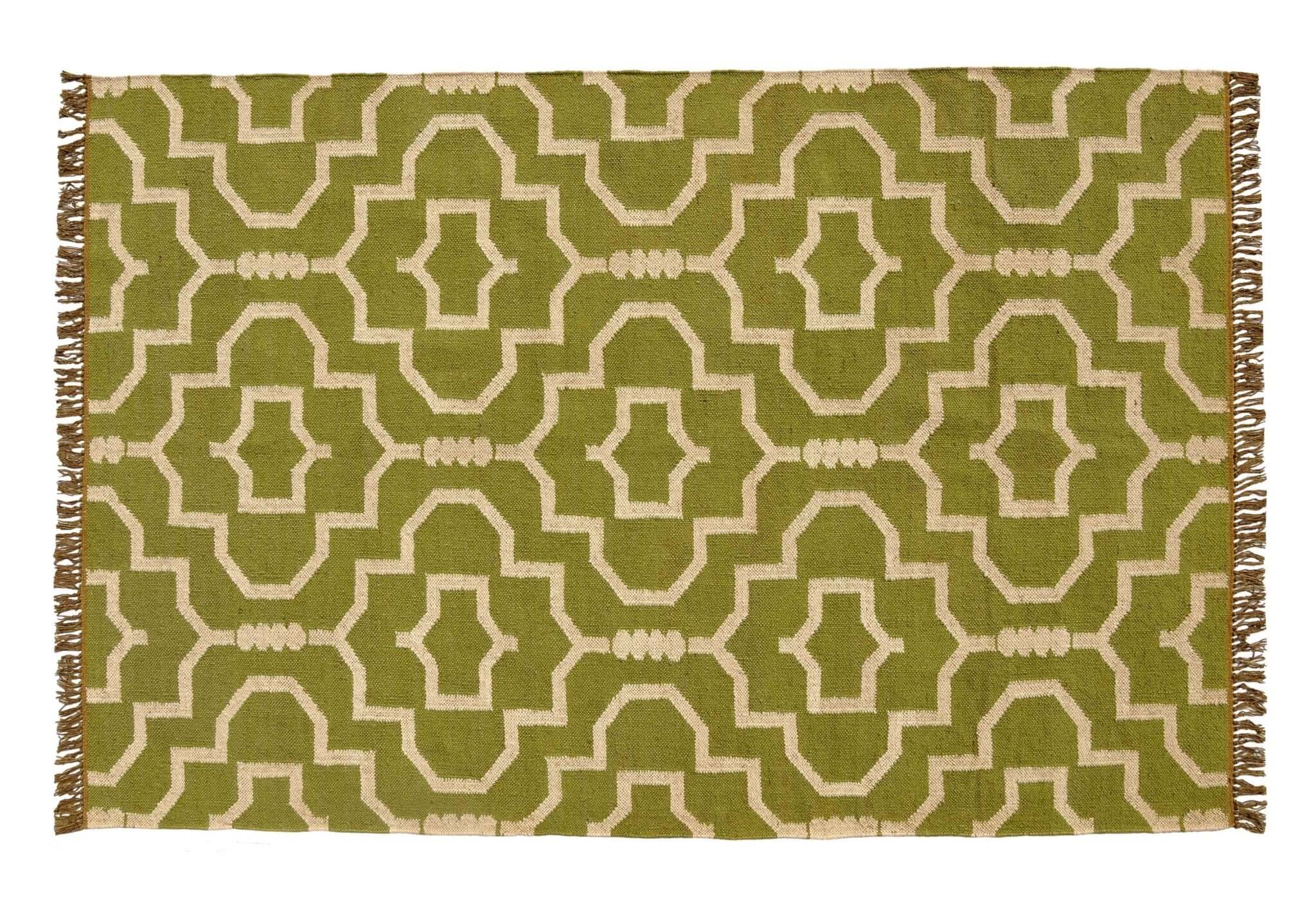 Geometric Olive Green Handwoven Boho Rug - WoolJute - Gahlot International