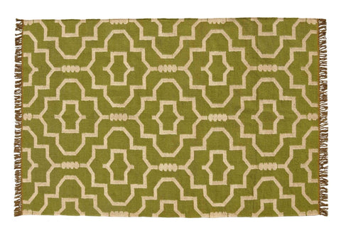 Geometric Olive Green Handwoven Boho Rug - WoolJute - Gahlot International