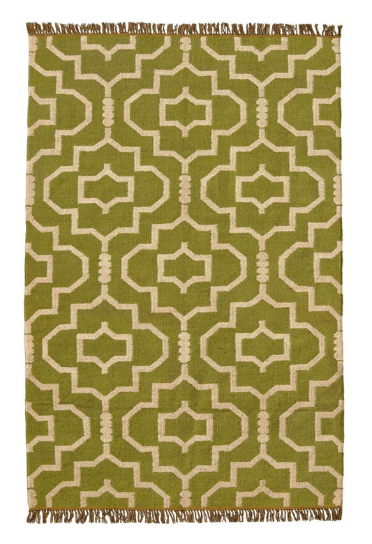 Geometric Olive Green Handwoven Boho Rug - WoolJute - Gahlot International