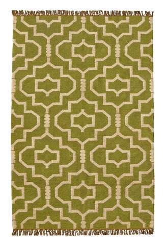 Geometric Olive Green Handwoven Boho Rug - WoolJute - Gahlot International