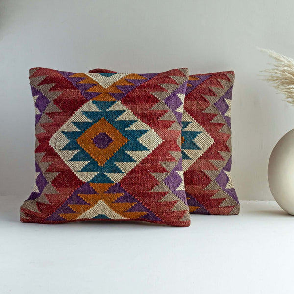 Geometric Tribal Wool Jute Cushion Covers - Vibrant Bohemian Decor - Gahlot International