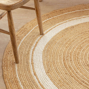 Hand - Braided Natural Hemp Round Rug with White Accents - Boho Chic - Gahlot International