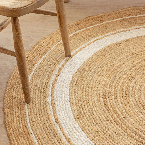 Hand - Braided Natural Hemp Round Rug with White Accents - Boho Chic - Gahlot International