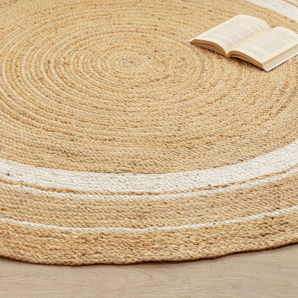Hand - Braided Natural Hemp Round Rug with White Accents - Boho Chic - Gahlot International