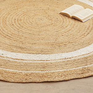 Hand - Braided Natural Hemp Round Rug with White Accents - Boho Chic - Gahlot International