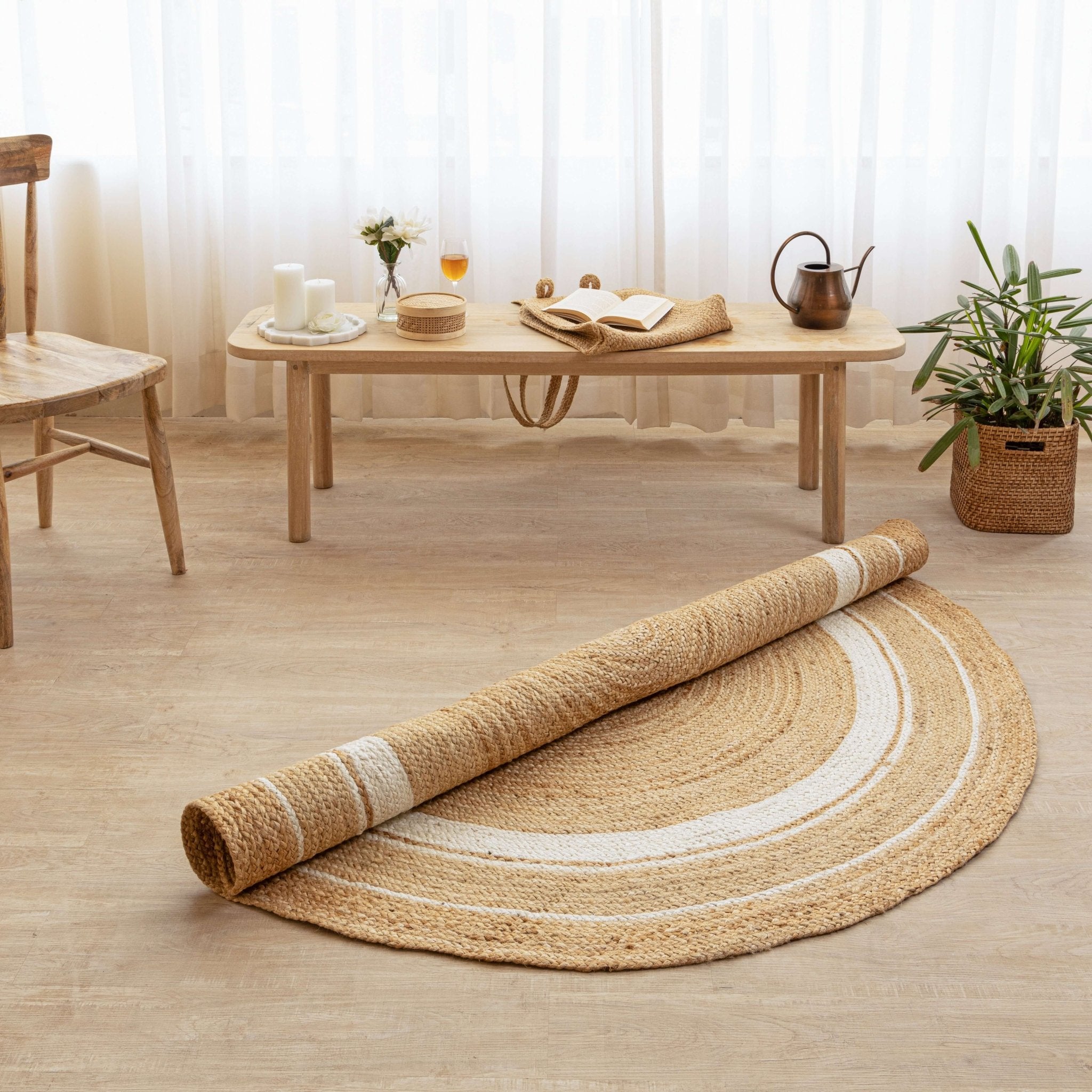 Hand - Braided Natural Hemp Round Rug with White Accents - Boho Chic - Gahlot International