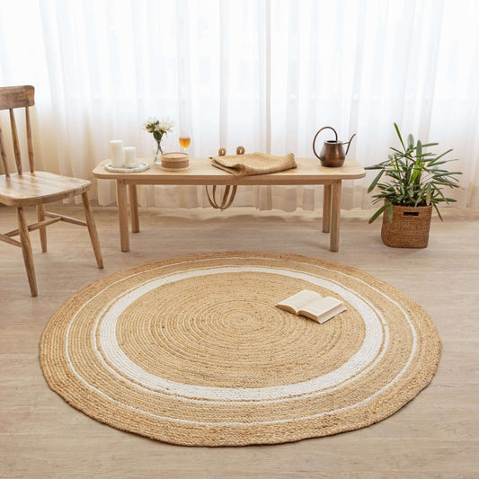 Hand - Braided Natural Hemp Round Rug with White Accents - Boho Chic - Gahlot International