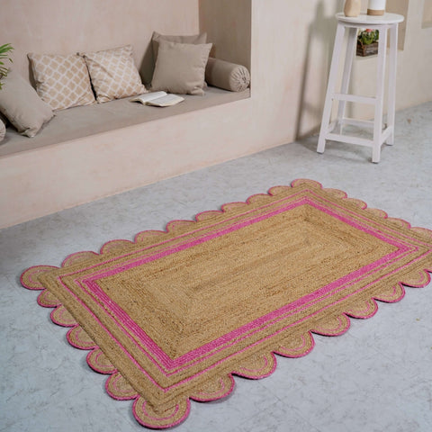 Hand - Braided Scalloped Border Hemp Rug - Natural Bohemian Charm - Gahlot International