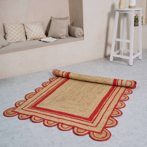 Hand - Braided Scalloped Border Hemp Rug - Natural Bohemian Charm - Gahlot International