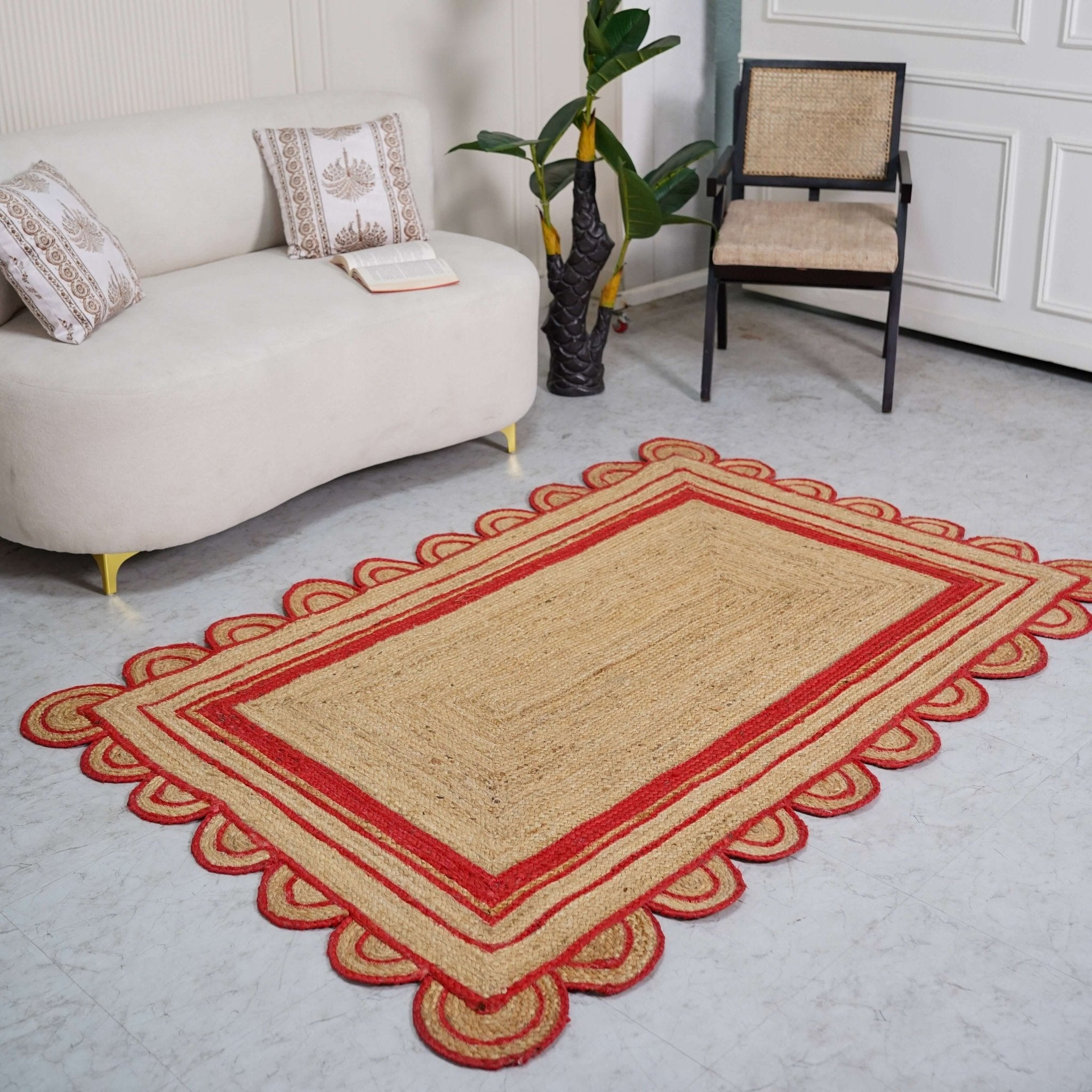 Hand - Braided Scalloped Border Hemp Rug - Natural Bohemian Charm - Gahlot International