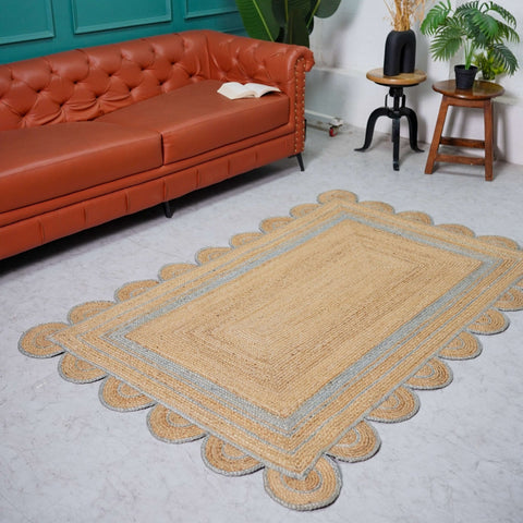 Hand - Braided Scalloped Border Hemp Rug - Natural Bohemian Charm - Gahlot International