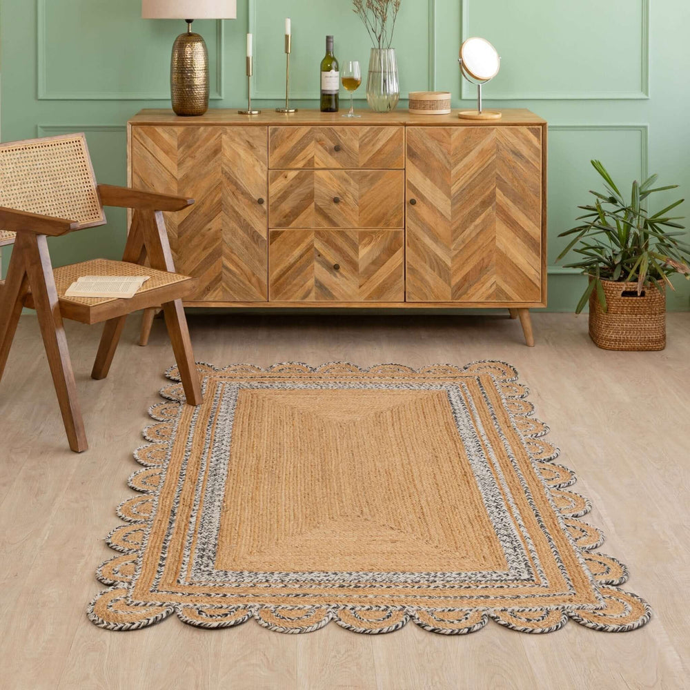 Hand - Braided Scalloped Border Hemp Rug - Natural Bohemian Charm - Gahlot International