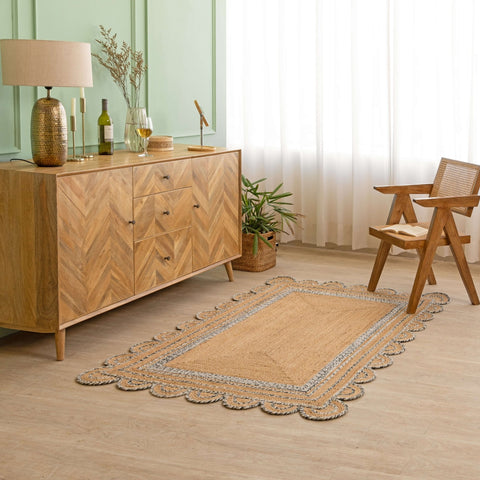 Hand - Braided Scalloped Border Hemp Rug - Natural Bohemian Charm - Gahlot International