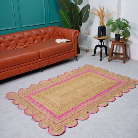 Hand - Braided Scalloped Border Hemp Rug - Natural Bohemian Charm - Gahlot International