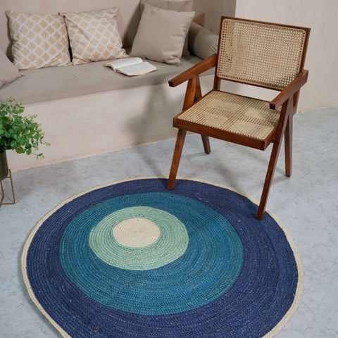 Handbraided Hemp Round Rug with Vibrant Blue Gradients - Gahlot International