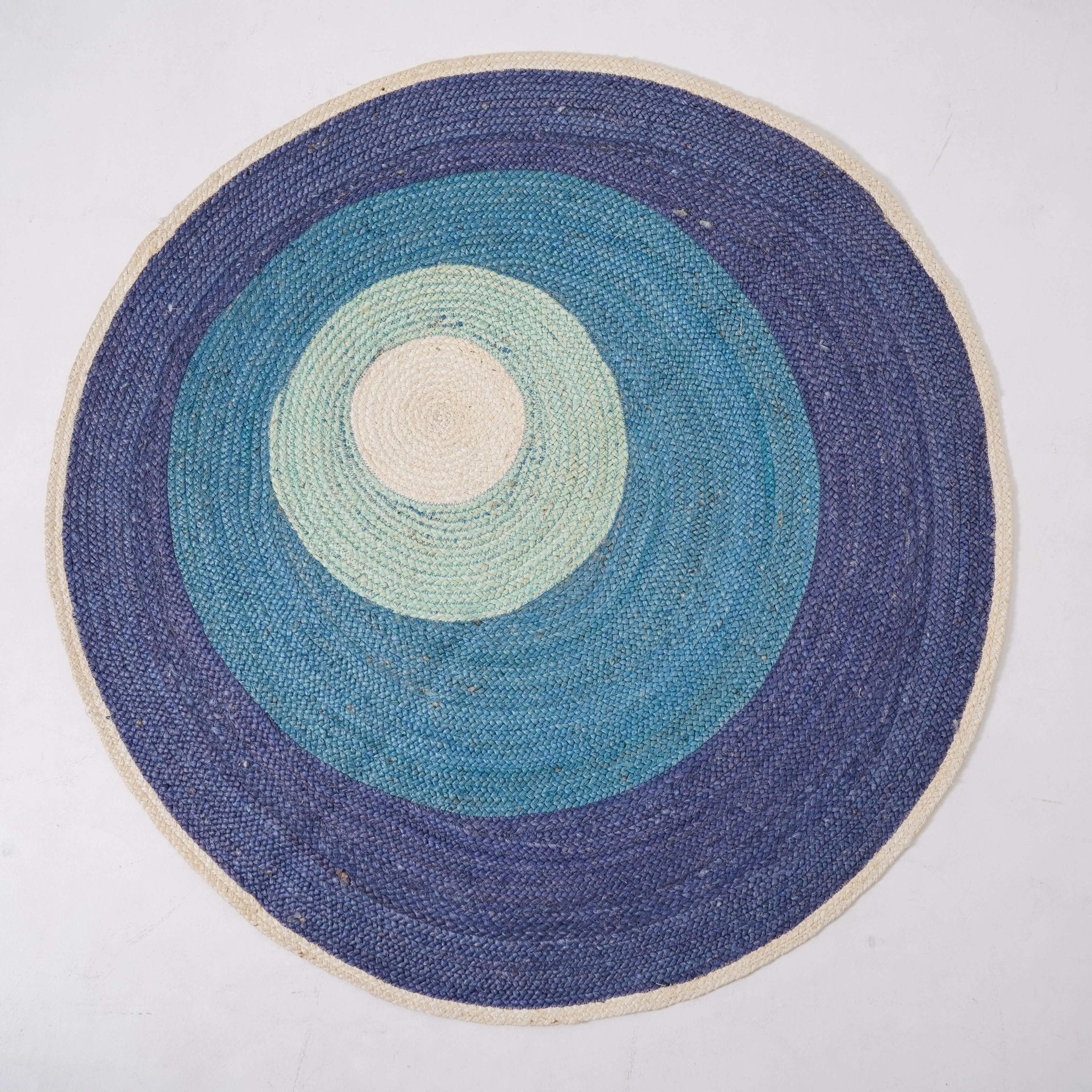 Handbraided Hemp Round Rug with Vibrant Blue Gradients - Gahlot International