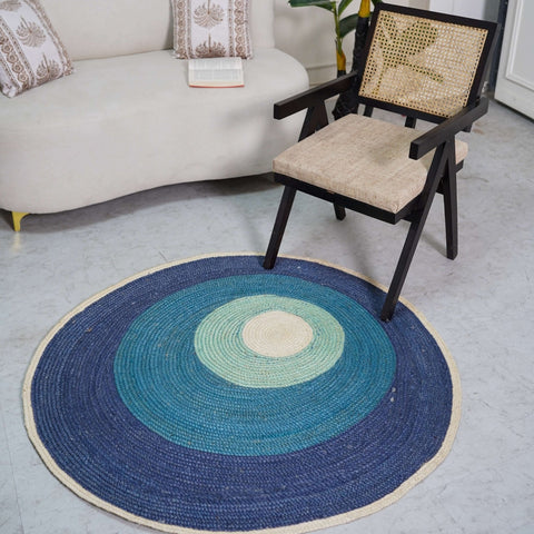 Handbraided Hemp Round Rug with Vibrant Blue Gradients - Gahlot International