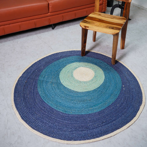 Handbraided Hemp Round Rug with Vibrant Blue Gradients - Gahlot International