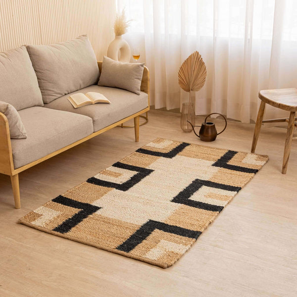 Handcrafted 100% Hemp Rugs  Natural Black & White Geometric Design - Gahlot International