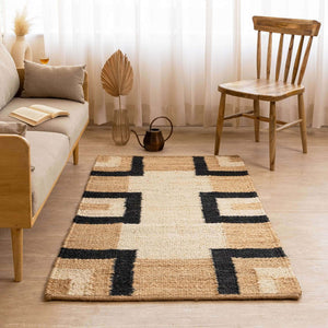 Handcrafted 100% Hemp Rugs  Natural Black & White Geometric Design - Gahlot International