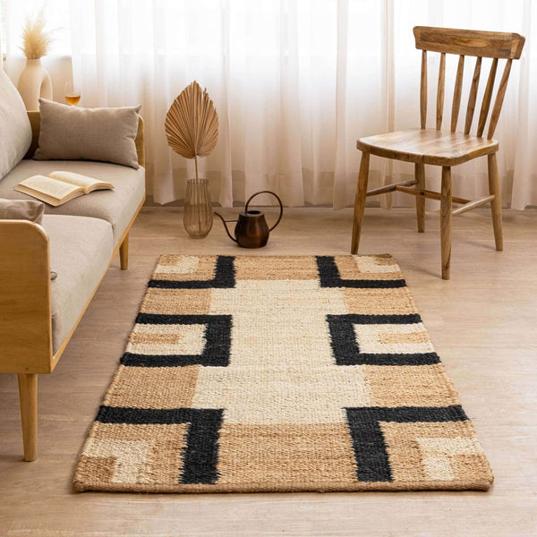 Handcrafted 100% Hemp Rugs  Natural Black & White Geometric Design - Gahlot International