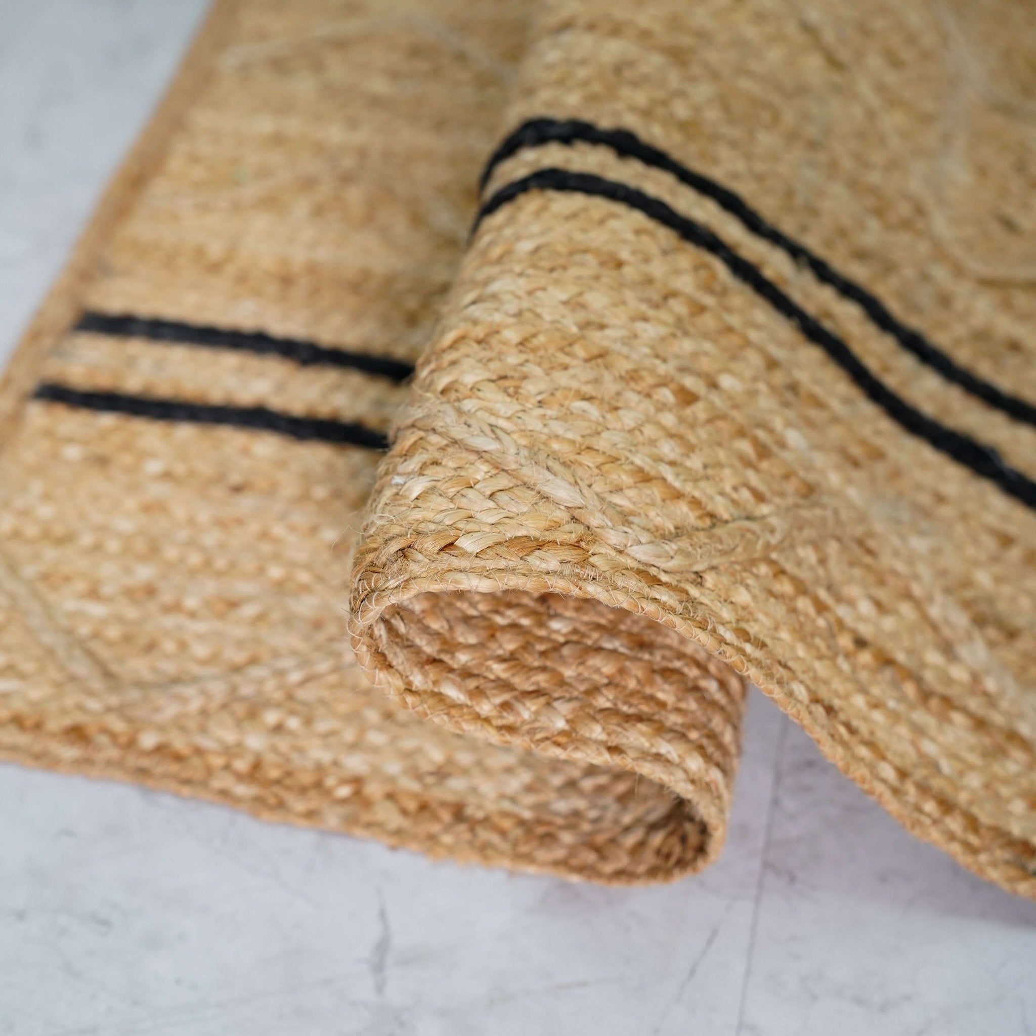 Handcrafted Hemp Area Rug with Chevron Pattern and Stripes - Natural Beige - Gahlot International