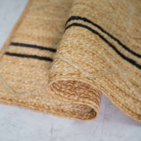 Handcrafted Hemp Area Rug with Chevron Pattern and Stripes - Natural Beige - Gahlot International