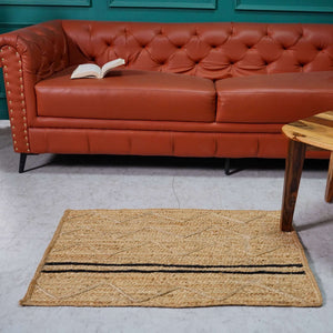 Handcrafted Hemp Area Rug with Chevron Pattern and Stripes - Natural Beige - Gahlot International