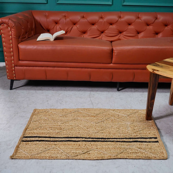 Handcrafted Hemp Area Rug with Chevron Pattern and Stripes - Natural Beige - Gahlot International