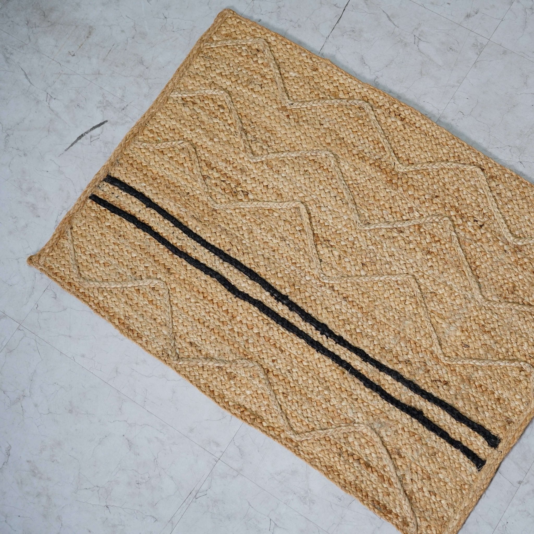 Handcrafted Hemp Area Rug with Chevron Pattern and Stripes - Natural Beige - Gahlot International