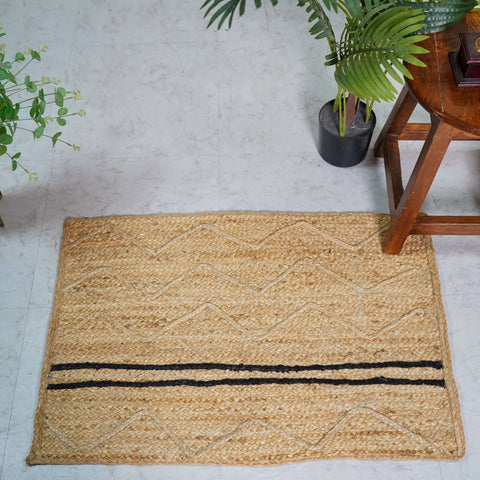 Handcrafted Hemp Area Rug with Chevron Pattern and Stripes - Natural Beige - Gahlot International