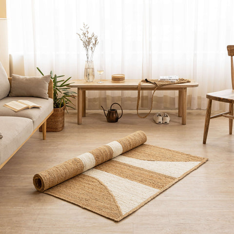 Handcrafted Hemp Rug with Natural Curved Stripes - Organic Elegance - Gahlot International