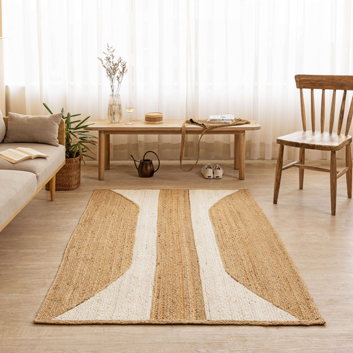 Handcrafted Hemp Rug with Natural Curved Stripes - Organic Elegance - Gahlot International