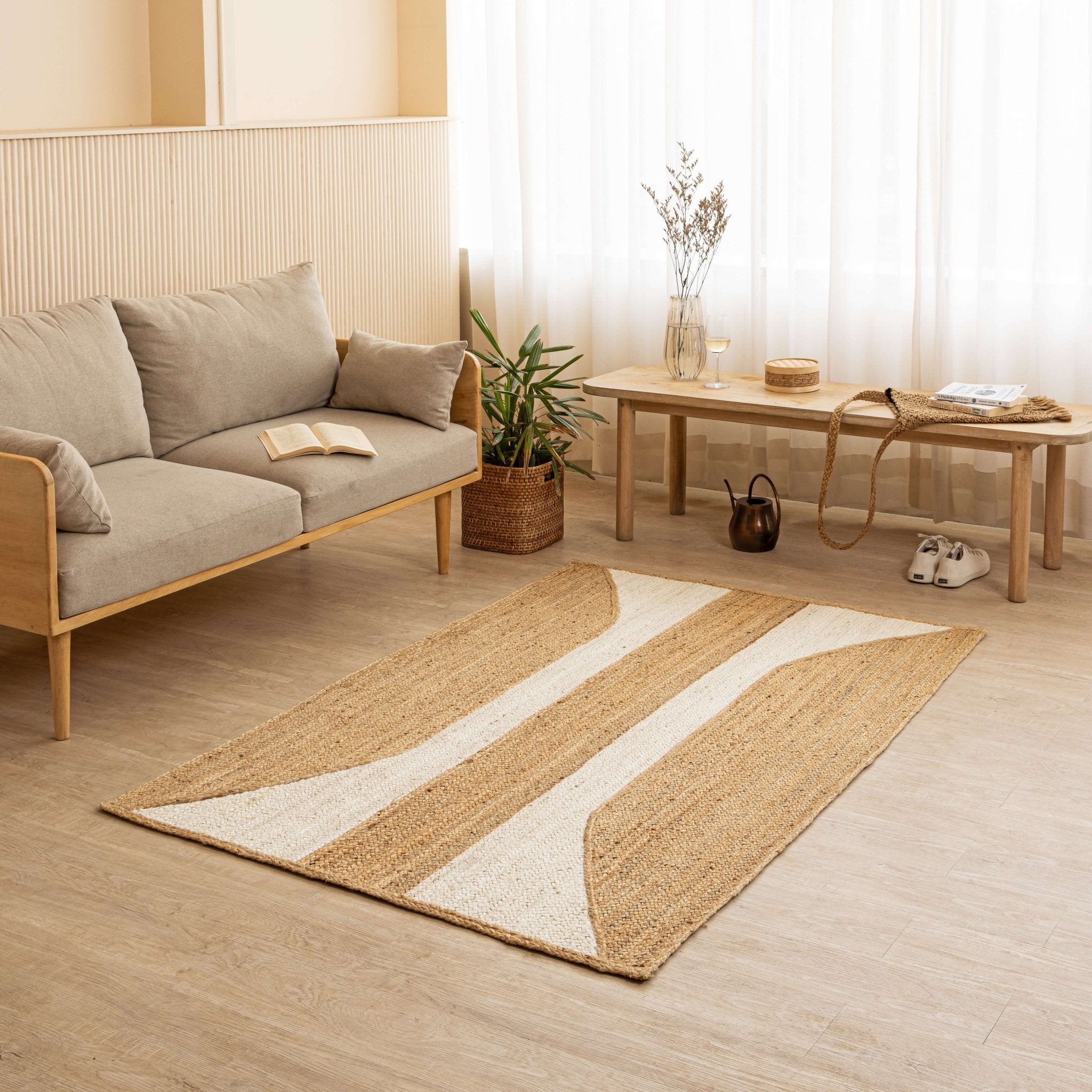 Handcrafted Hemp Rug with Natural Curved Stripes - Organic Elegance - Gahlot International