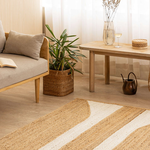 Handcrafted Hemp Rug with Natural Curved Stripes - Organic Elegance - Gahlot International