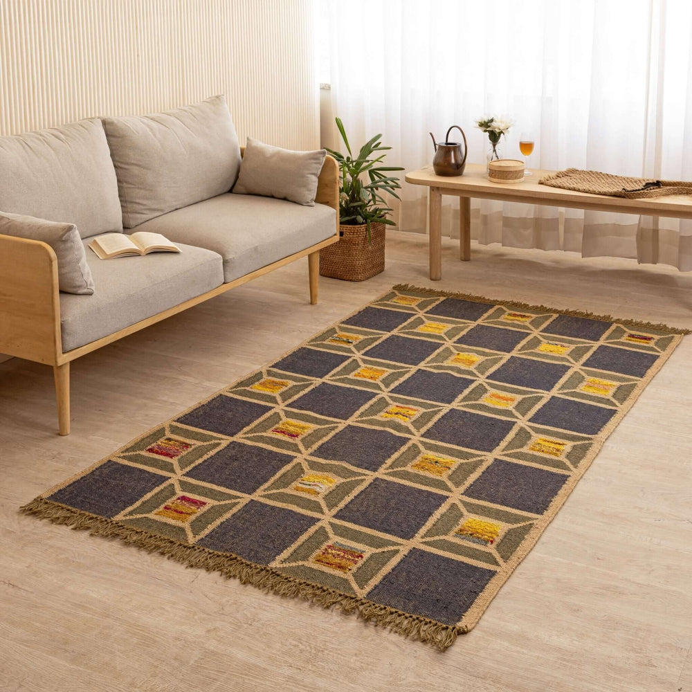Handcrafted Jute - Wool Rug by Rugzcraft ¬ Geometric Design in Earthy Tones - Gahlot International