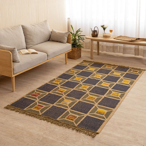 Handcrafted Jute - Wool Rug by Rugzcraft – Geometric Design in Earthy Tones - Gahlot International