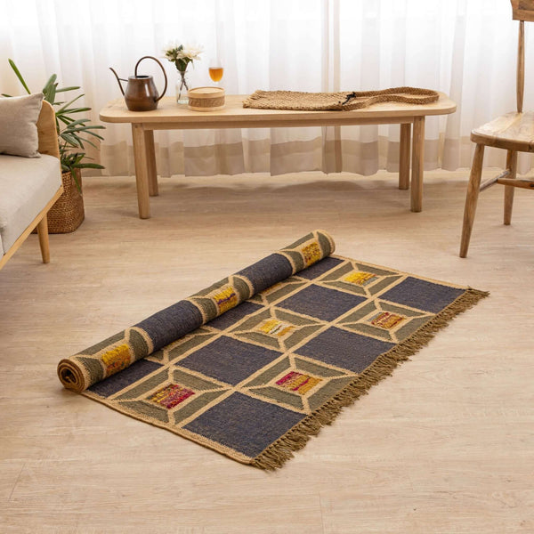 Handcrafted Jute - Wool Rug by Rugzcraft ¬ Geometric Design in Earthy Tones - Gahlot International