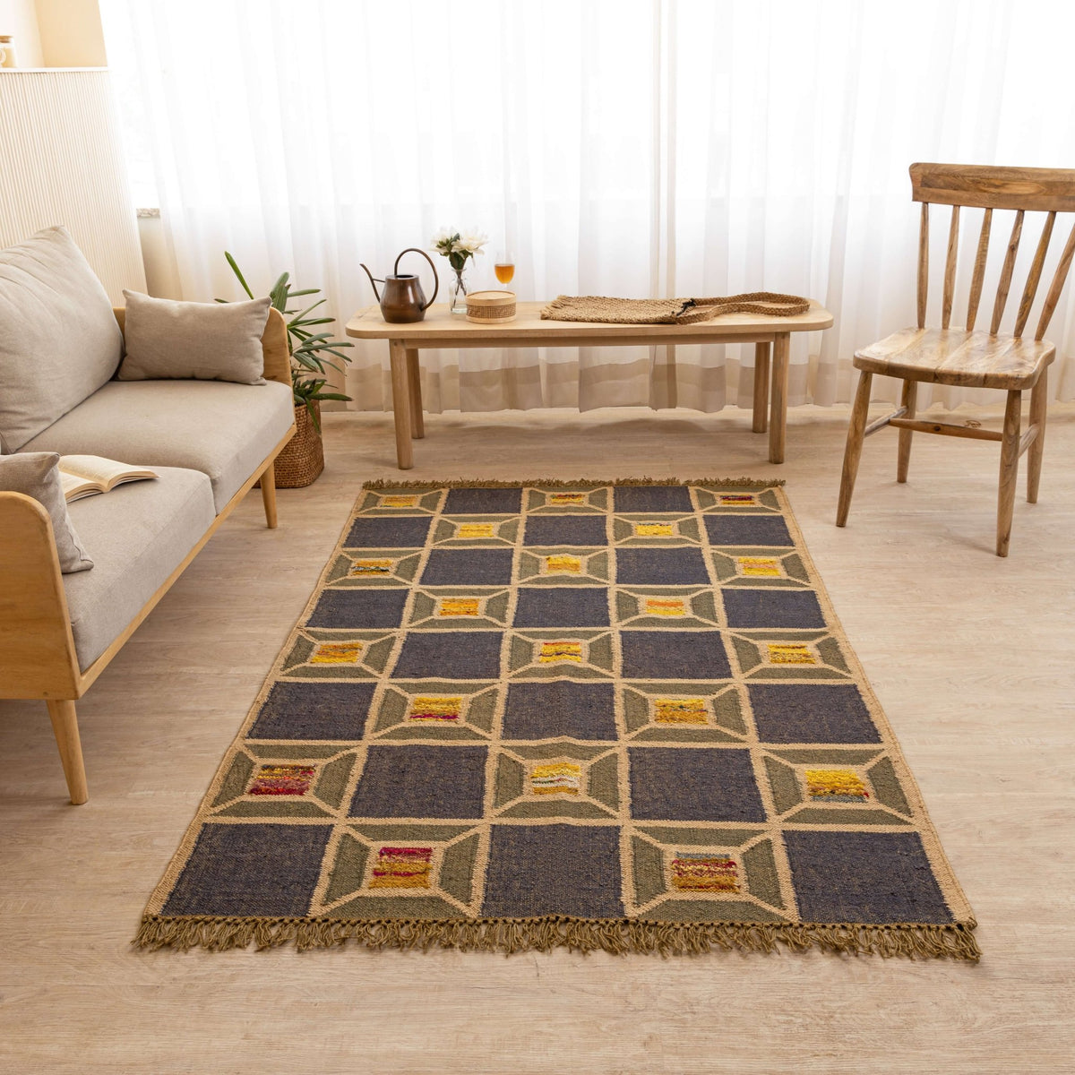 Handcrafted Jute - Wool Rug by Rugzcraft – Geometric Design in Earthy Tones - Gahlot International