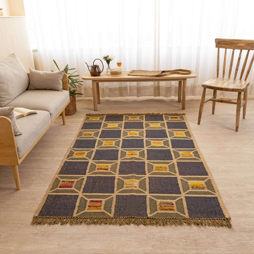 Handcrafted Jute - Wool Rug by Rugzcraft ¬ Geometric Design in Earthy Tones - Gahlot International
