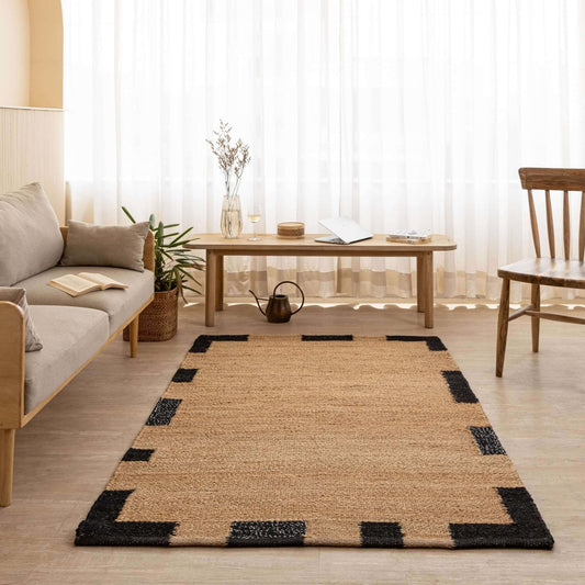 Handcrafted Natural Hemp Rug with Bold Black Accents - Modern Minimalist Design - Gahlot International