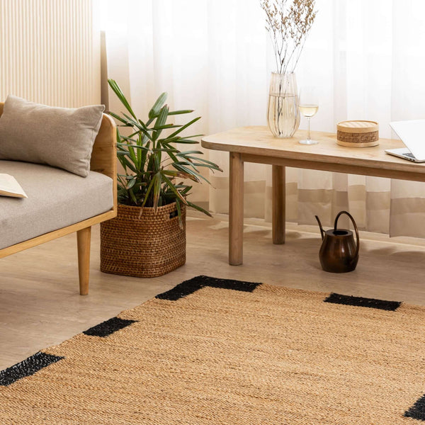Handcrafted Natural Hemp Rug with Bold Black Accents - Modern Minimalist Design - Gahlot International