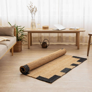 Handcrafted Natural Hemp Rug with Bold Black Accents - Modern Minimalist Design - Gahlot International