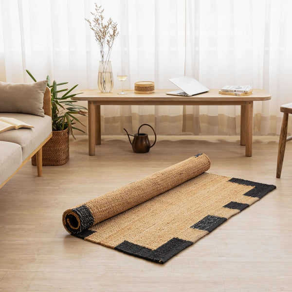 Handcrafted Natural Hemp Rug with Bold Black Accents - Modern Minimalist Design - Gahlot International