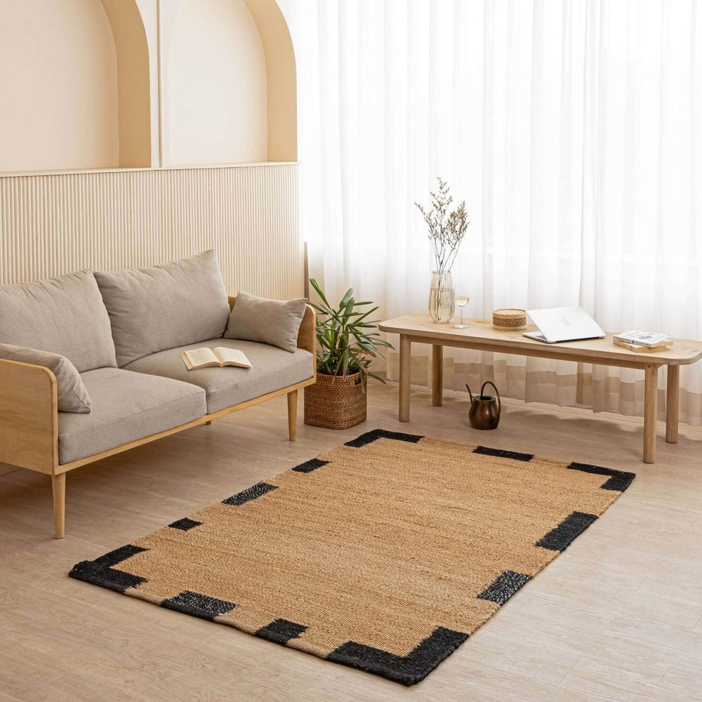 Handcrafted Natural Hemp Rug with Bold Black Accents - Modern Minimalist Design - Gahlot International