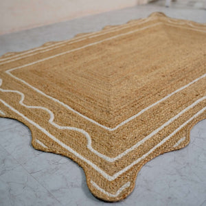 Natural hemp boho rug with white scalloped edge
